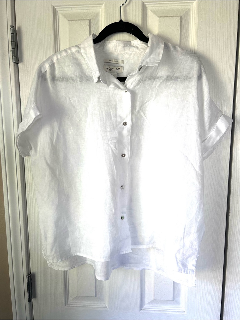 Rachel Zoe 100% Linen White Button Front Short Sleeve Shirt Size L